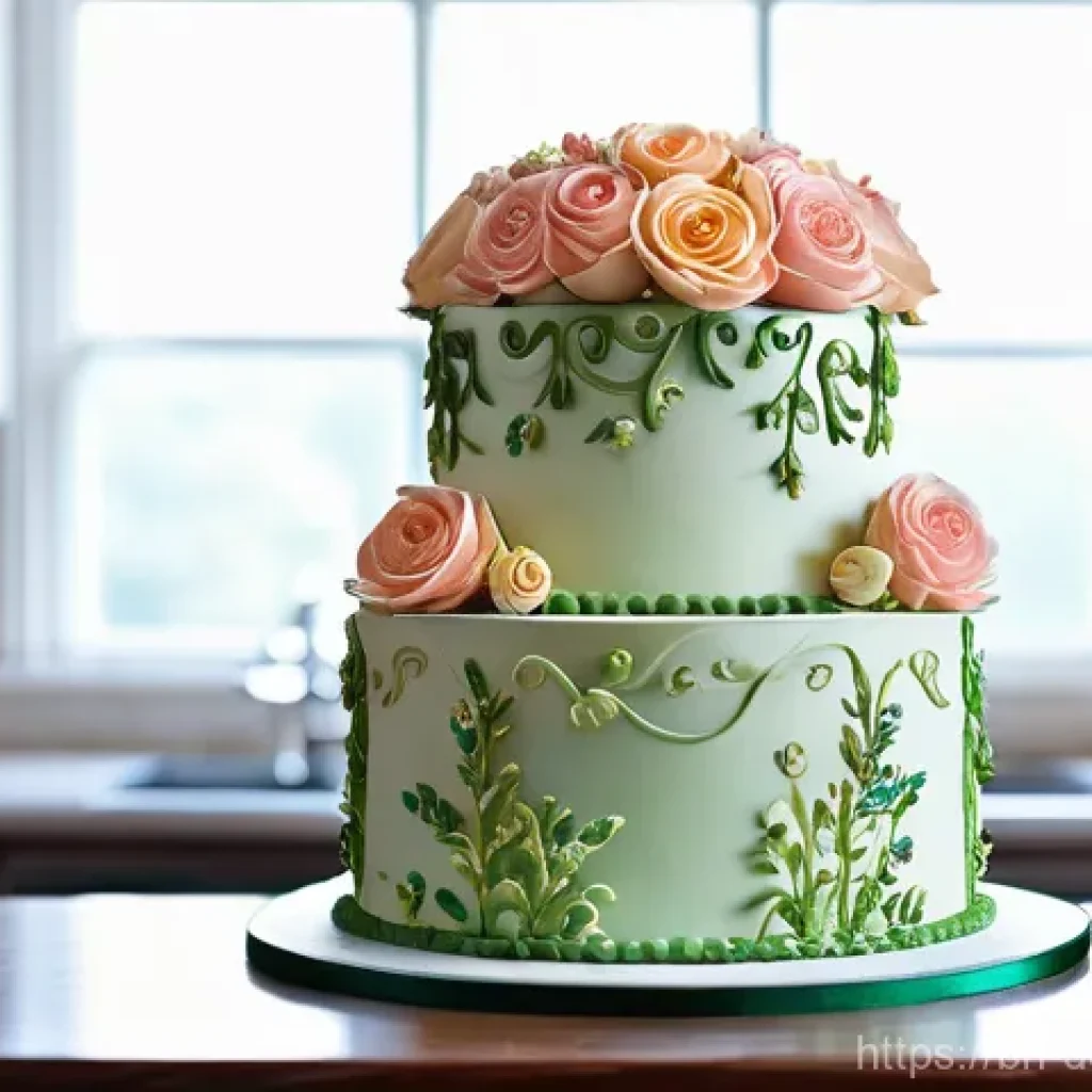 케이크 아이싱 팁 - A beautifully decorated multi-tier cake with intricate buttercream floral designs. The cake is cover...