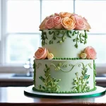 케이크 아이싱 팁 - A beautifully decorated multi-tier cake with intricate buttercream floral designs. The cake is cover...