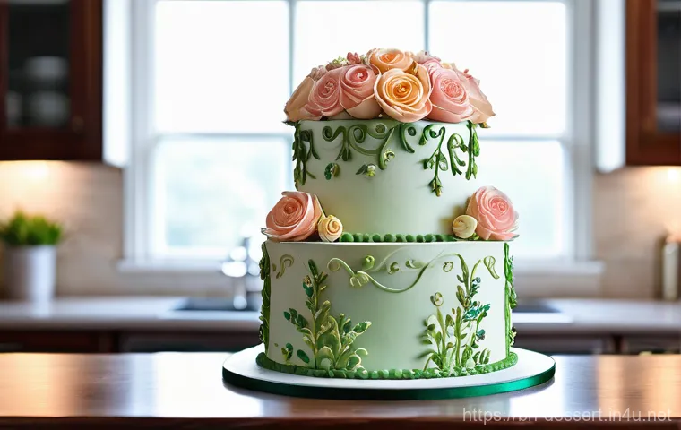케이크 아이싱 팁 - A beautifully decorated multi-tier cake with intricate buttercream floral designs. The cake is cover...