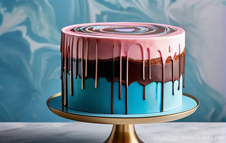 케이크 아이싱 팁 - A close-up shot of skilled hands, wearing simple, clean attire, carefully applying a smooth layer of...