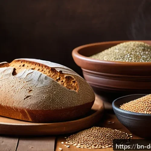 유기농 제빵 재료 - A rustic kitchen scene featuring a freshly baked organic whole wheat bread loaf on a wooden cutting ...
