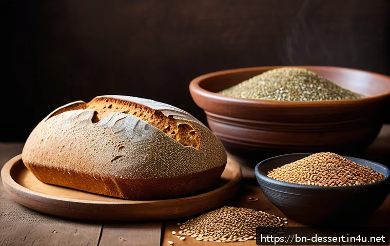 유기농 제빵 재료 - A rustic kitchen scene featuring a freshly baked organic whole wheat bread loaf on a wooden cutting ...