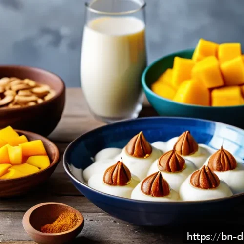 디저트 재료 트렌드 - A vibrant and colorful traditional Bengali sweet table featuring natural ingredients like date syrup...