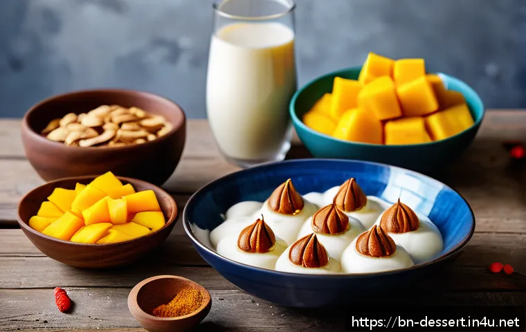 디저트 재료 트렌드 - A vibrant and colorful traditional Bengali sweet table featuring natural ingredients like date syrup...