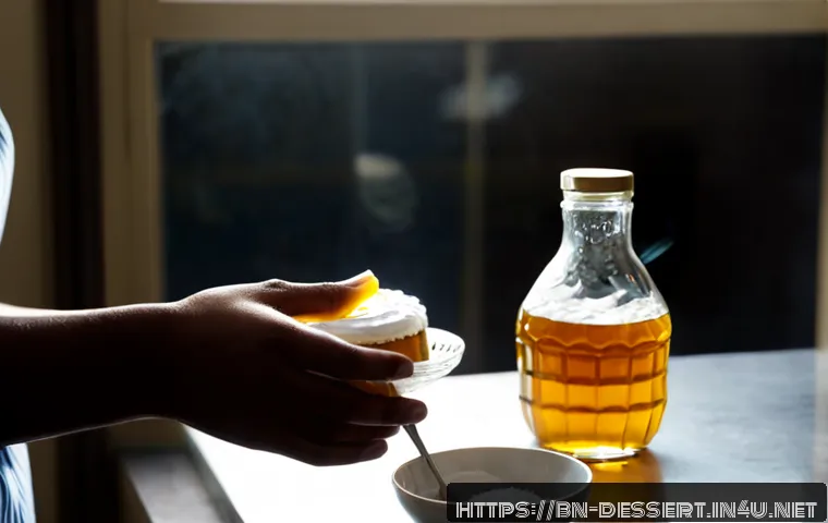 설탕 대신 시럽 사용법 - Photorealistic bright kitchen countertop scene showing a clear glass bottle of golden syrup beside a...
